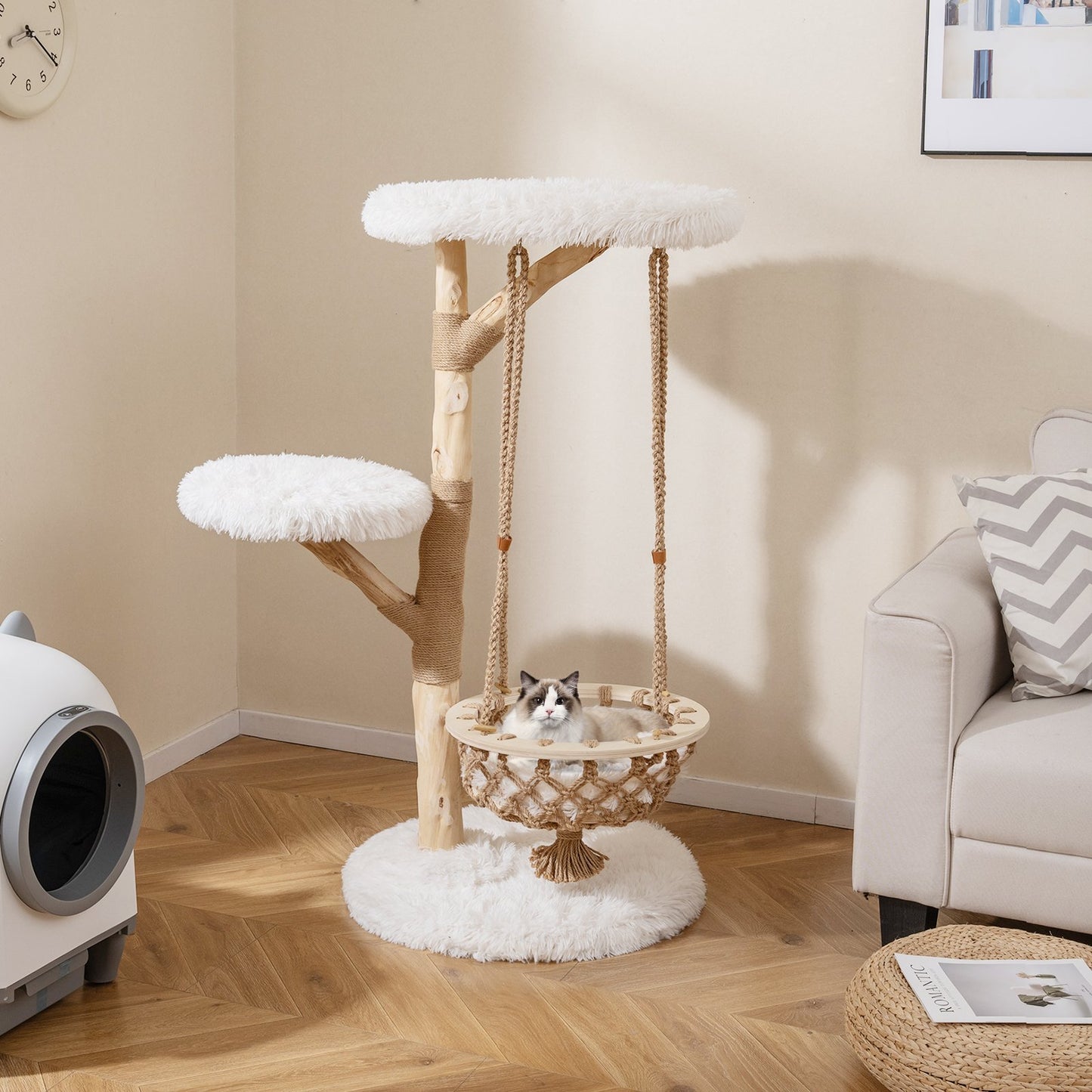 48.5 Inch Solid Wood Cat Tree with Hanging Cradle and Jute Scratching Post, White Cat Trees Condos & Scratchers at Gallery Canada