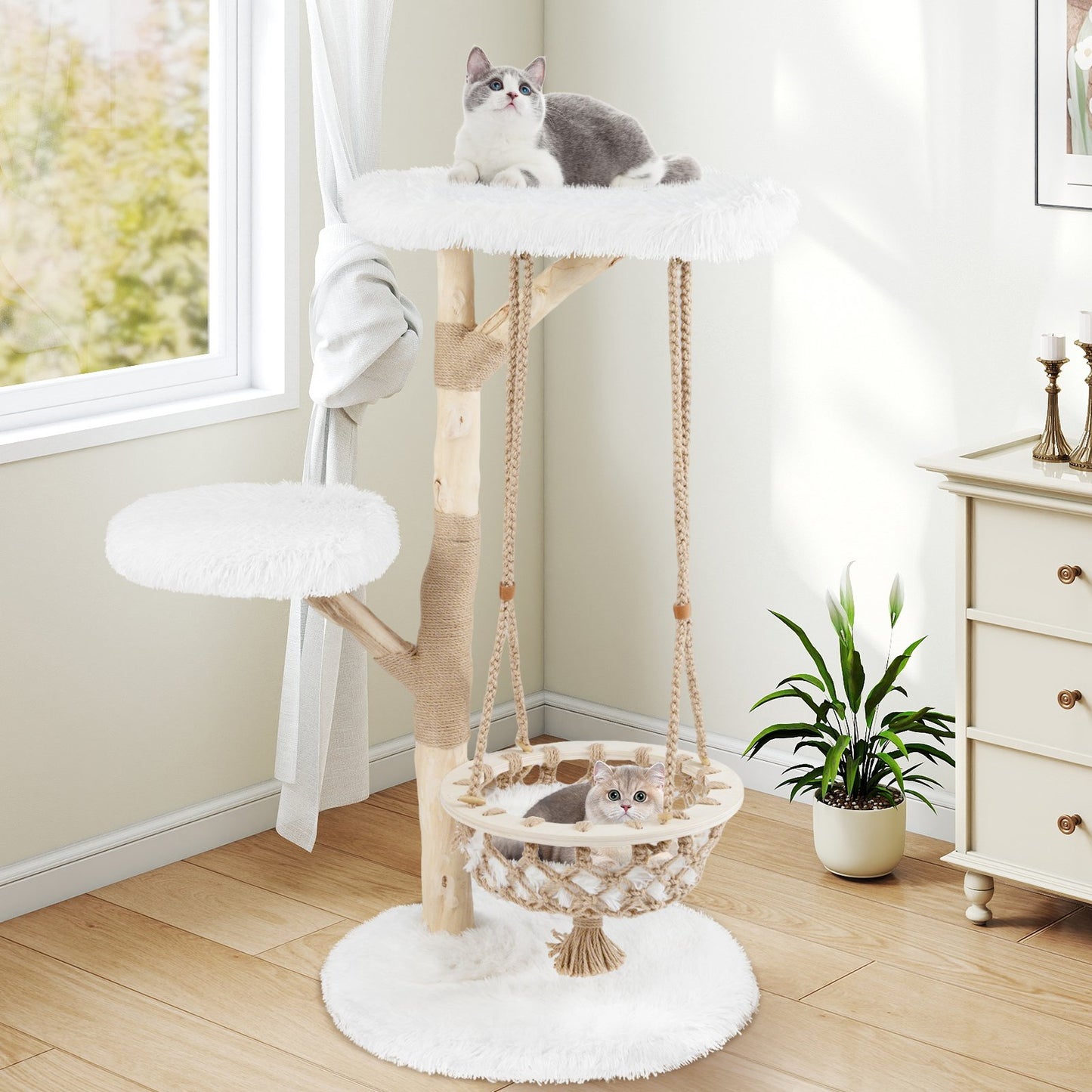 48.5 Inch Solid Wood Cat Tree with Hanging Cradle and Jute Scratching Post, White Cat Trees Condos & Scratchers at Gallery Canada