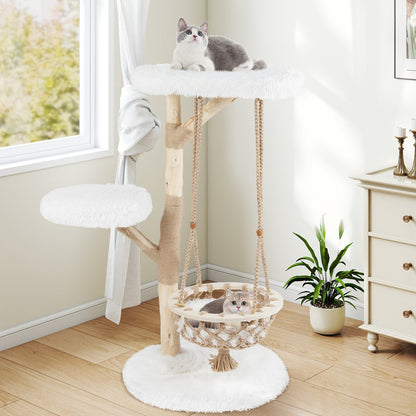 48.5 Inch Solid Wood Cat Tree with Hanging Cradle and Jute Scratching Post, White Cat Trees Condos & Scratchers at Gallery Canada