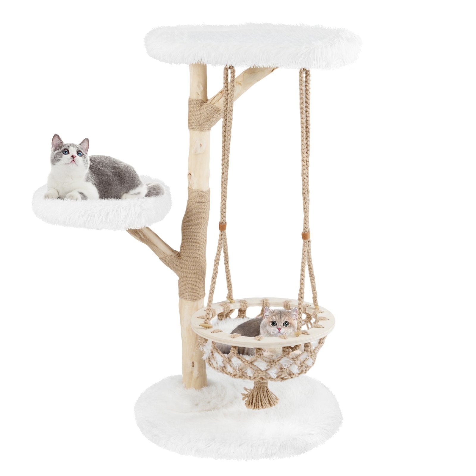 48.5 Inch Solid Wood Cat Tree with Hanging Cradle and Jute Scratching Post, White Cat Trees Condos & Scratchers at Gallery Canada