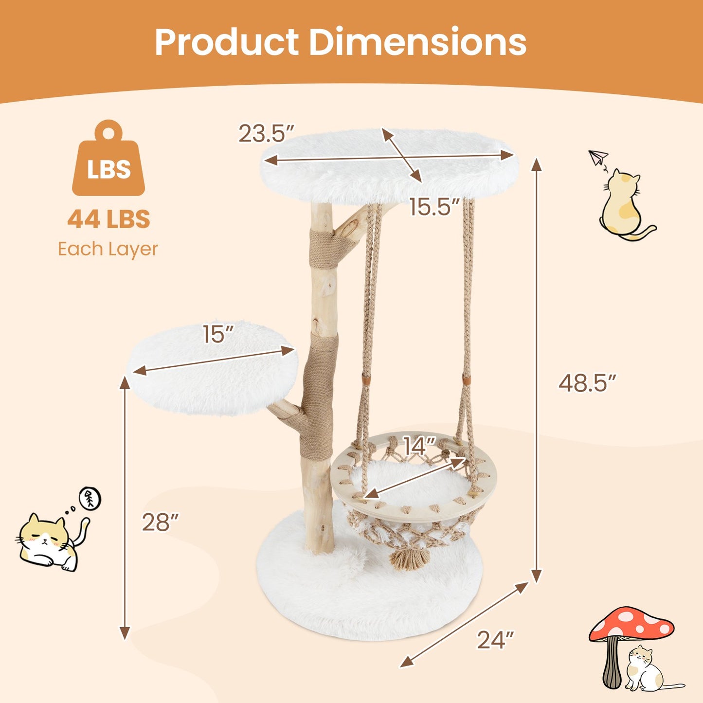 48.5 Inch Solid Wood Cat Tree with Hanging Cradle and Jute Scratching Post, White Cat Trees Condos & Scratchers at Gallery Canada