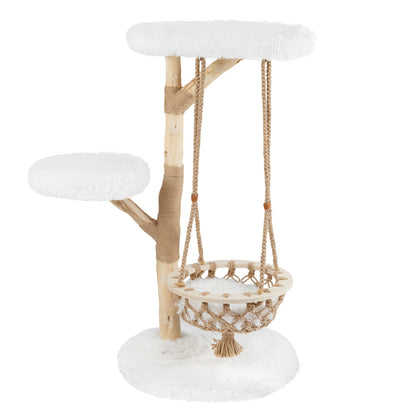 48.5 Inch Solid Wood Cat Tree, Hanging Cradle, Jute Scratching Post, White Cat Trees Condos & Scratchers White at Gallery Canada