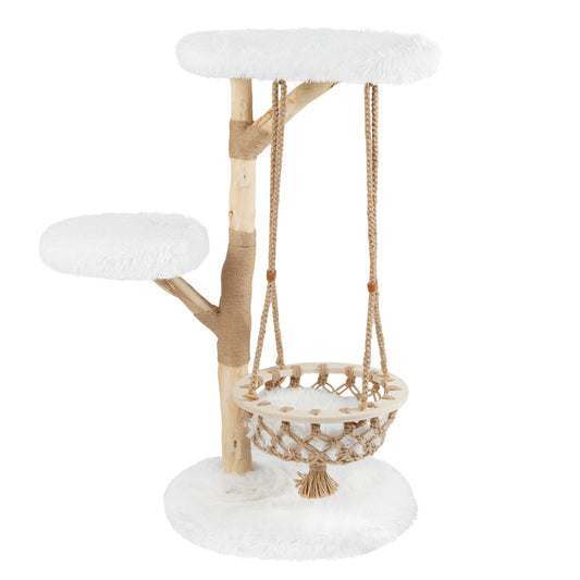 48.5 Inch Solid Wood Cat Tree, Hanging Cradle, Jute Scratching Post, White Cat Trees Condos & Scratchers White at Gallery Canada