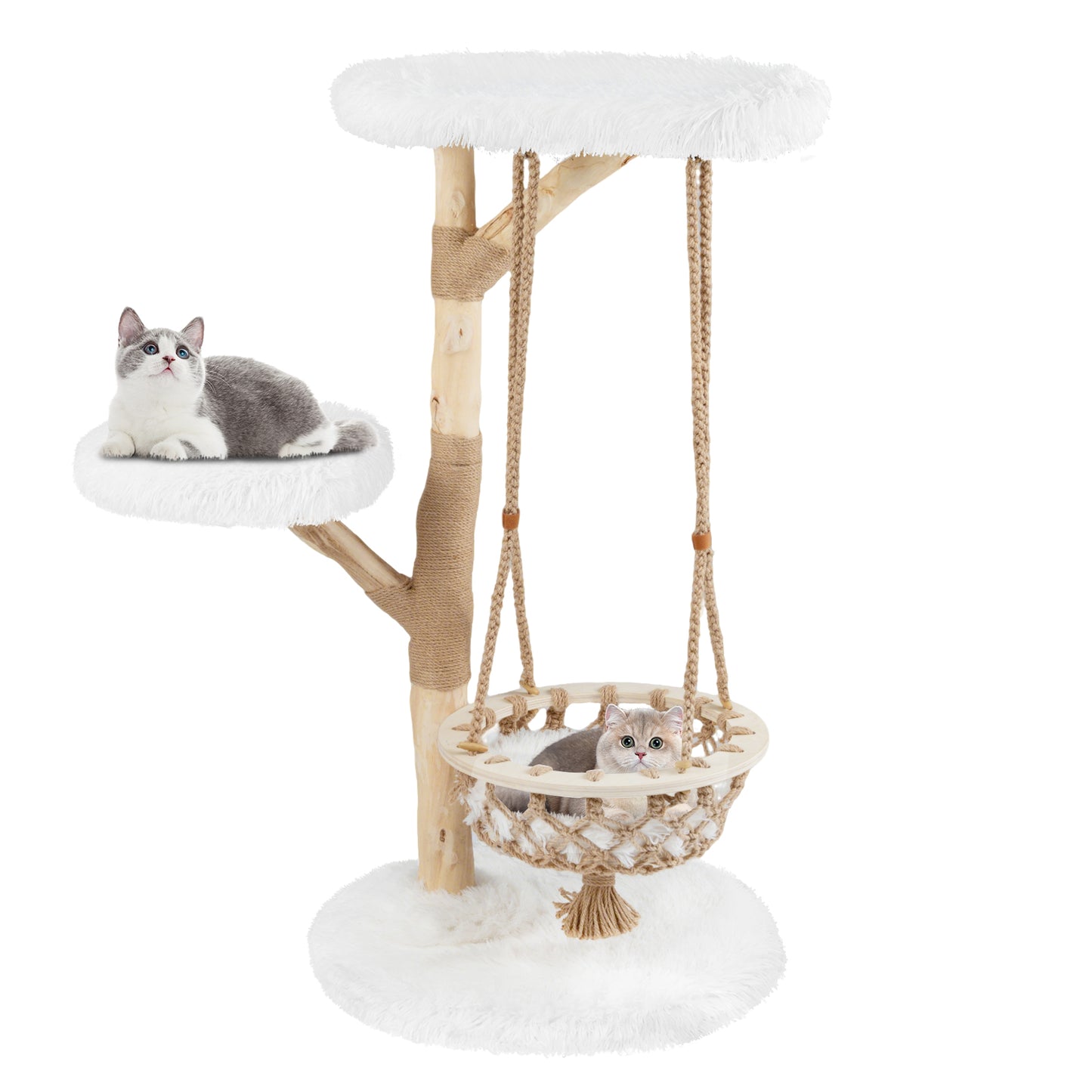 48.5 Inch Solid Wood Cat Tree, Hanging Cradle, Jute Scratching Post, White Cat Trees Condos & Scratchers at Gallery Canada