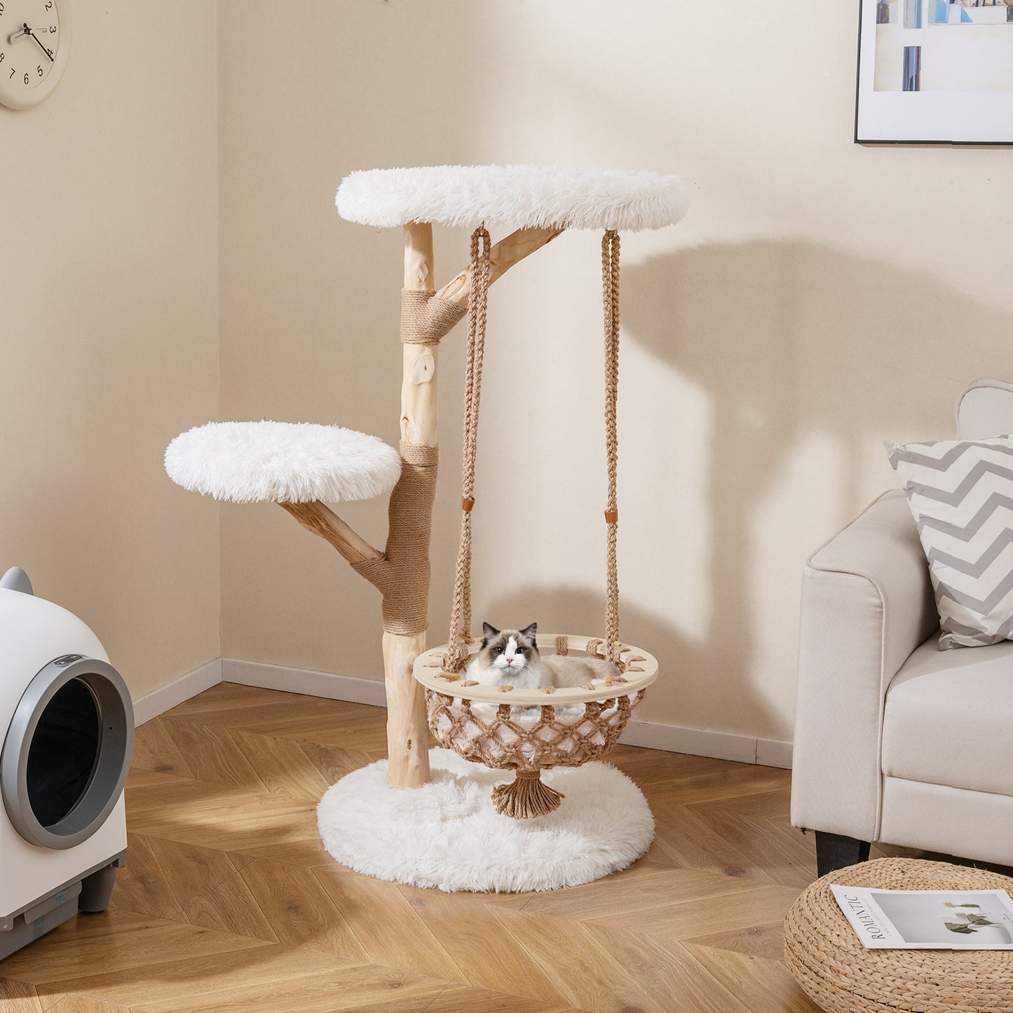48.5 Inch Solid Wood Cat Tree, Hanging Cradle, Jute Scratching Post, White Cat Trees Condos & Scratchers at Gallery Canada