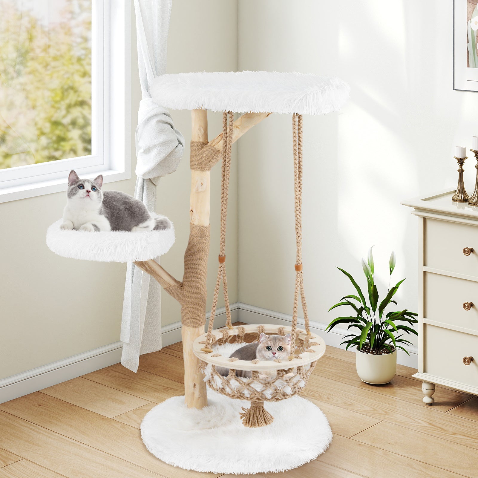 48.5 Inch Solid Wood Cat Tree, Hanging Cradle, Jute Scratching Post, White Cat Trees Condos & Scratchers at Gallery Canada
