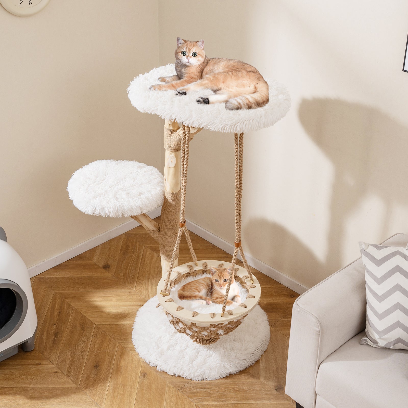 48.5 Inch Solid Wood Cat Tree, Hanging Cradle, Jute Scratching Post, White Cat Trees Condos & Scratchers at Gallery Canada