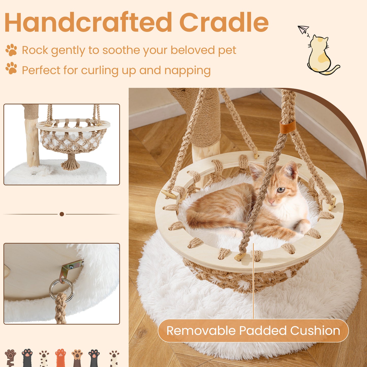 48.5 Inch Solid Wood Cat Tree, Hanging Cradle, Jute Scratching Post, White Cat Trees Condos & Scratchers at Gallery Canada
