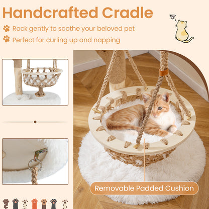 48.5 Inch Solid Wood Cat Tree, Hanging Cradle, Jute Scratching Post, White Cat Trees Condos & Scratchers at Gallery Canada