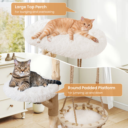 48.5 Inch Solid Wood Cat Tree, Hanging Cradle, Jute Scratching Post, White Cat Trees Condos & Scratchers at Gallery Canada