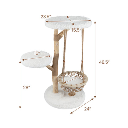 48.5 Inch Solid Wood Cat Tree, Hanging Cradle, Jute Scratching Post, White Cat Trees Condos & Scratchers at Gallery Canada