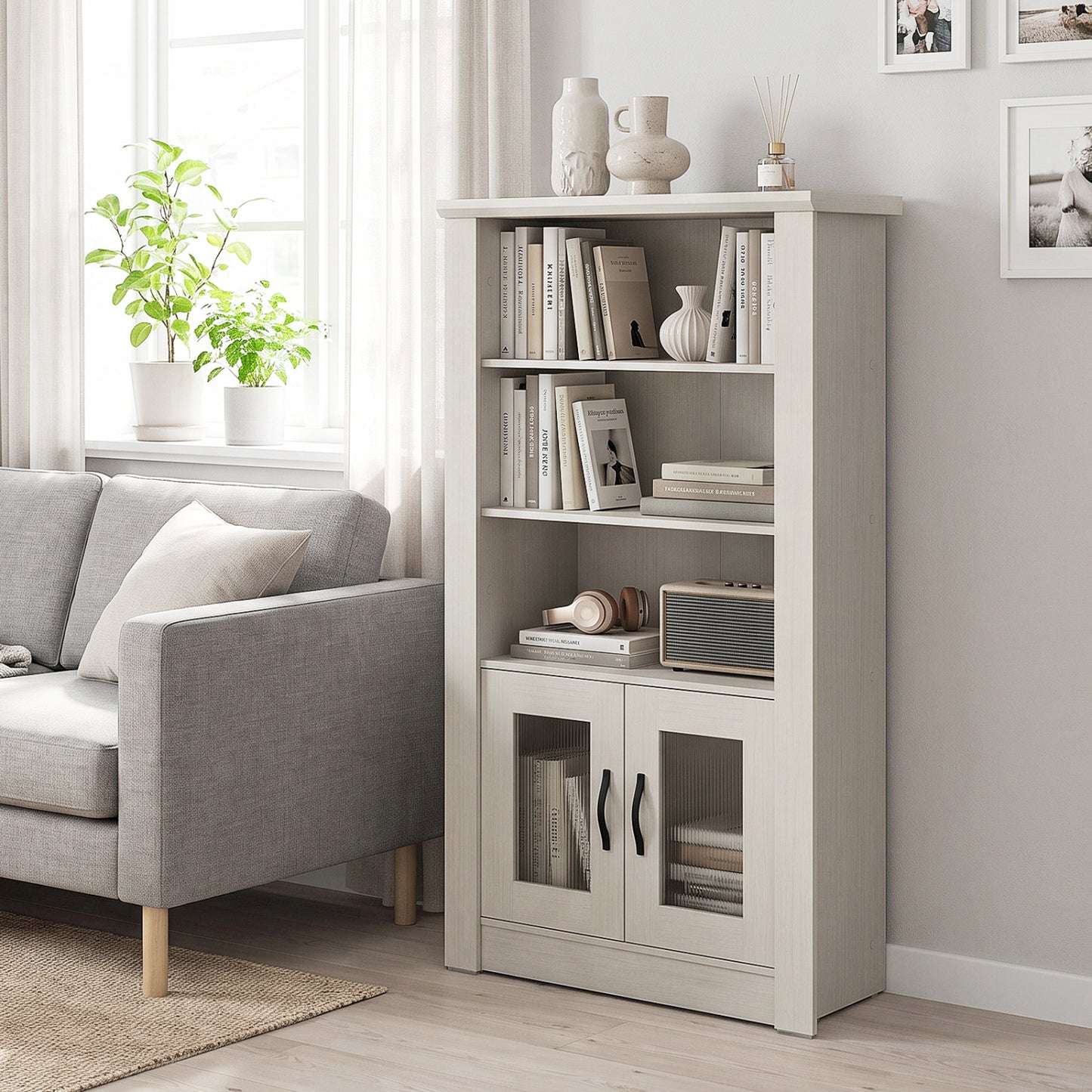 48.5" 4-Tier Bookcase, Translucent Fluted Doors, White