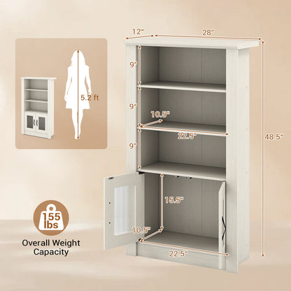48.5" 4-Tier Bookcase, Translucent Fluted Doors, White