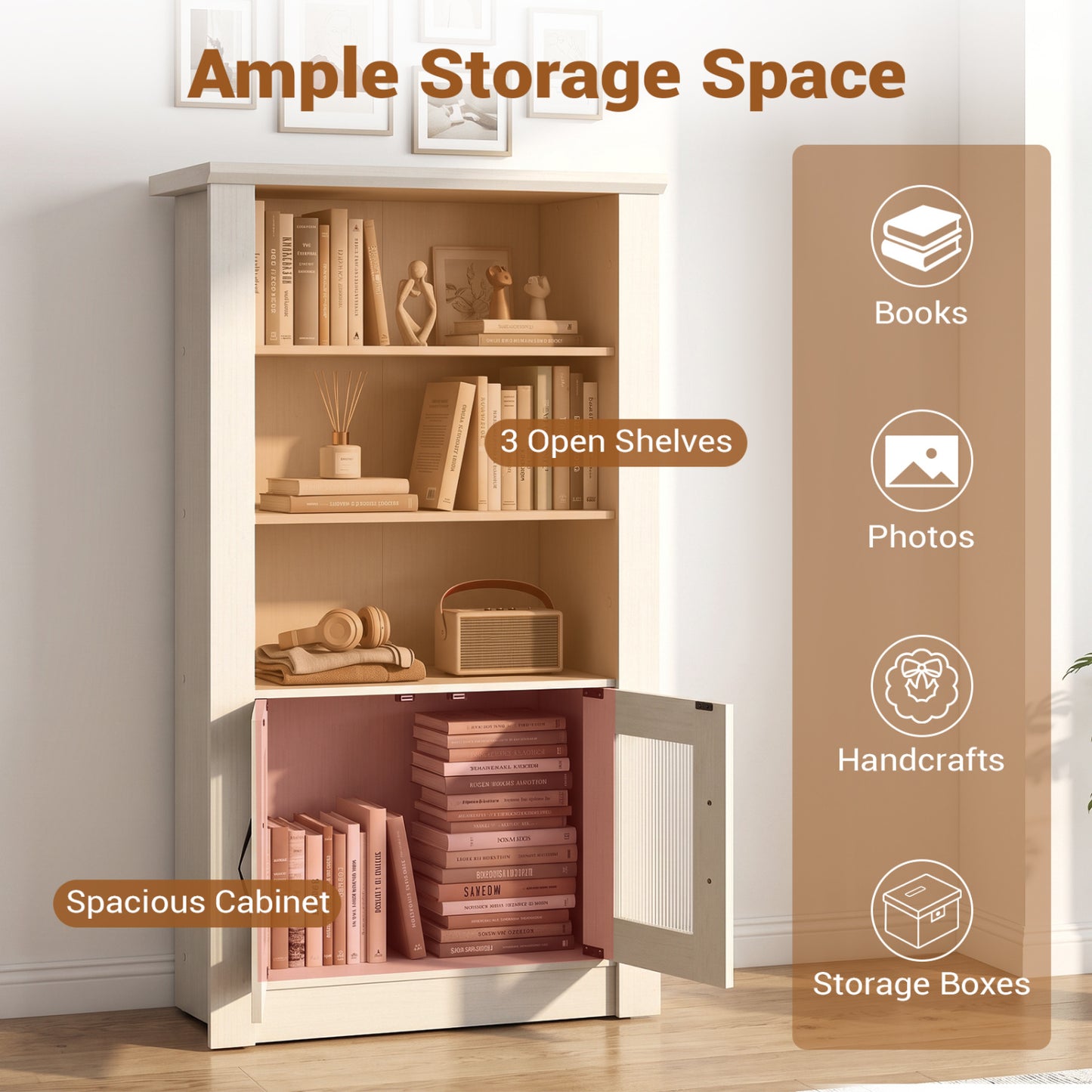 48.5" 4-Tier Bookcase, Translucent Fluted Doors, White