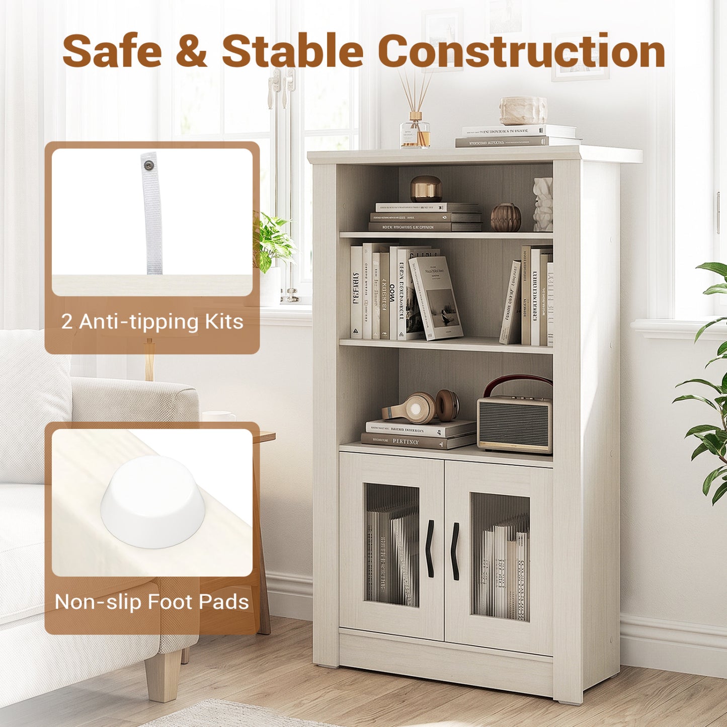 48.5" 4-Tier Bookcase, Translucent Fluted Doors, White