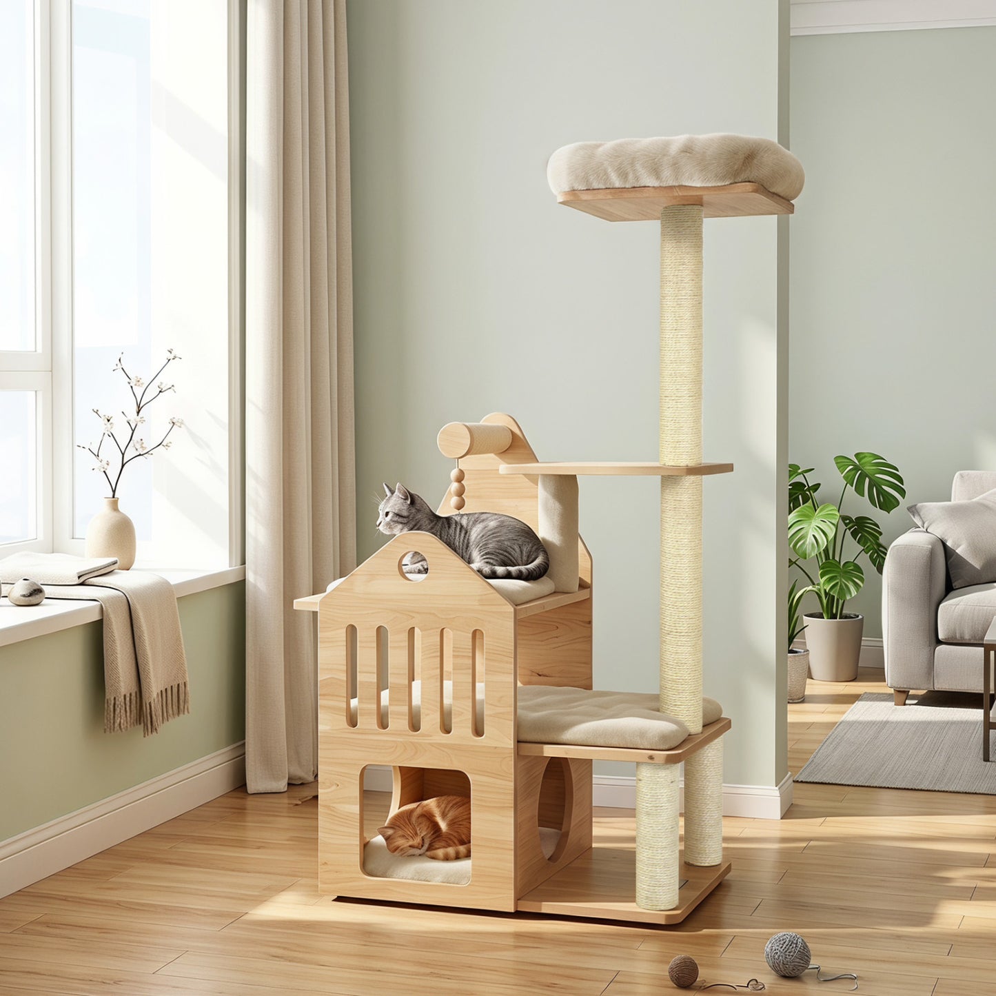 Arbre à chat en bois massif « 48,5 », beige