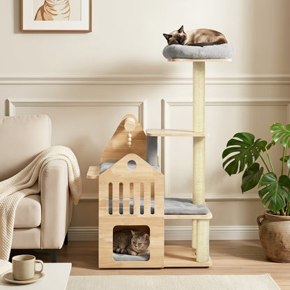 Arbre à chat en bois massif à plusieurs niveaux, 48,5", gris
