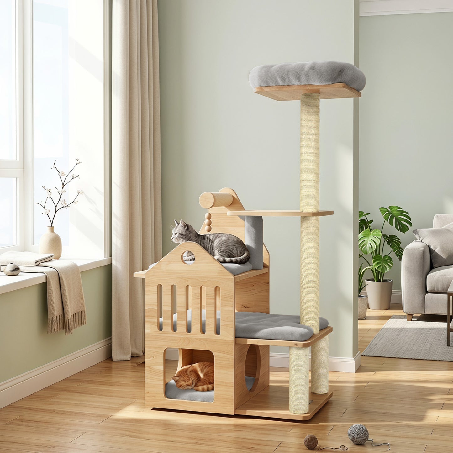 Arbre à chat en bois massif à plusieurs niveaux, 48,5", gris