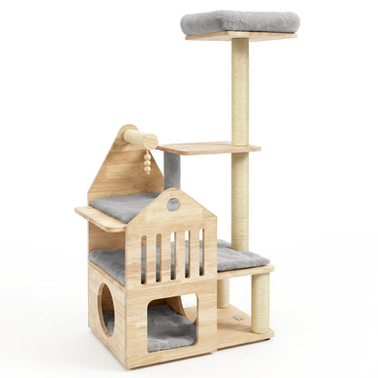 Arbre à chat en bois massif à plusieurs niveaux, 48,5", gris