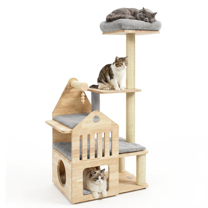Arbre à chat en bois massif à plusieurs niveaux, 48,5", gris