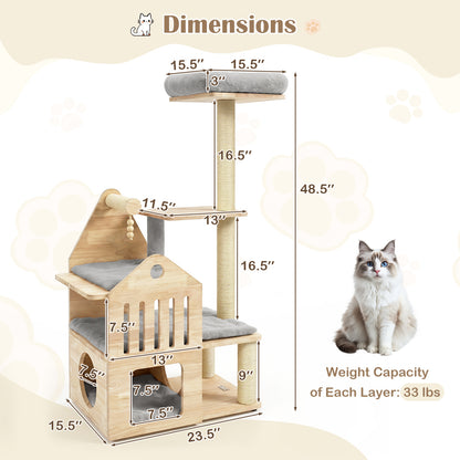 Arbre à chat en bois massif à plusieurs niveaux, 48,5", gris