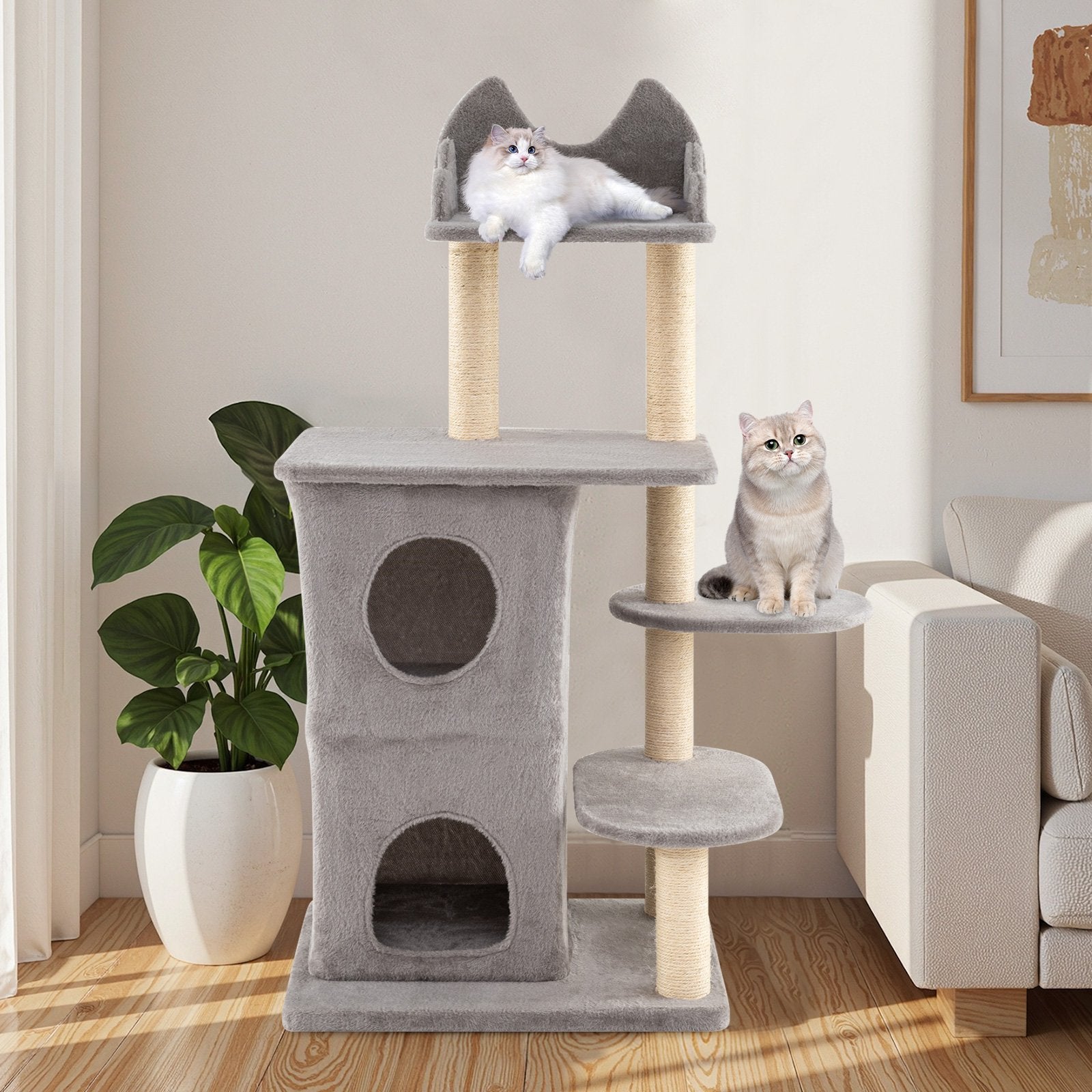 48.5 inch Cat Tree with 2-story Condo and 3 Hideaway Caves for Large Cats, Gray Cat Trees Condos & Scratchers at Gallery Canada