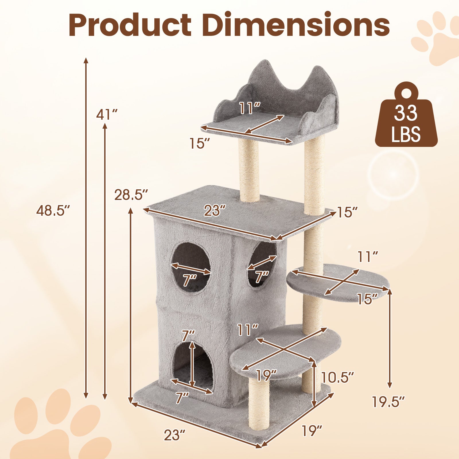 48.5 inch Cat Tree with 2-story Condo and 3 Hideaway Caves for Large Cats, Gray Cat Trees Condos & Scratchers at Gallery Canada