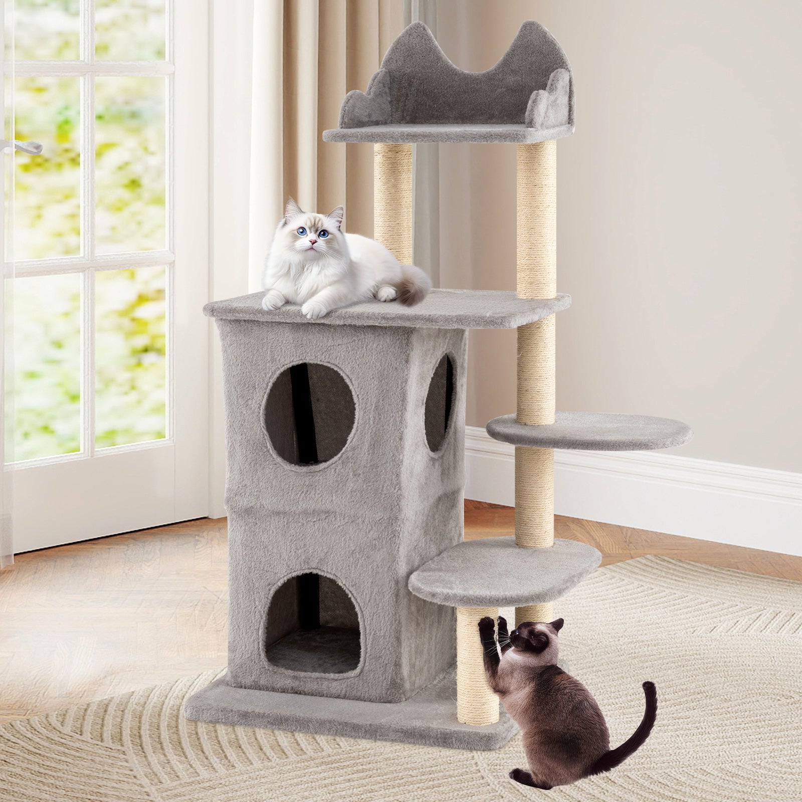 48.5 inch Cat Tree with 2-story Condo and 3 Hideaway Caves for Large Cats, Gray Cat Trees Condos & Scratchers at Gallery Canada