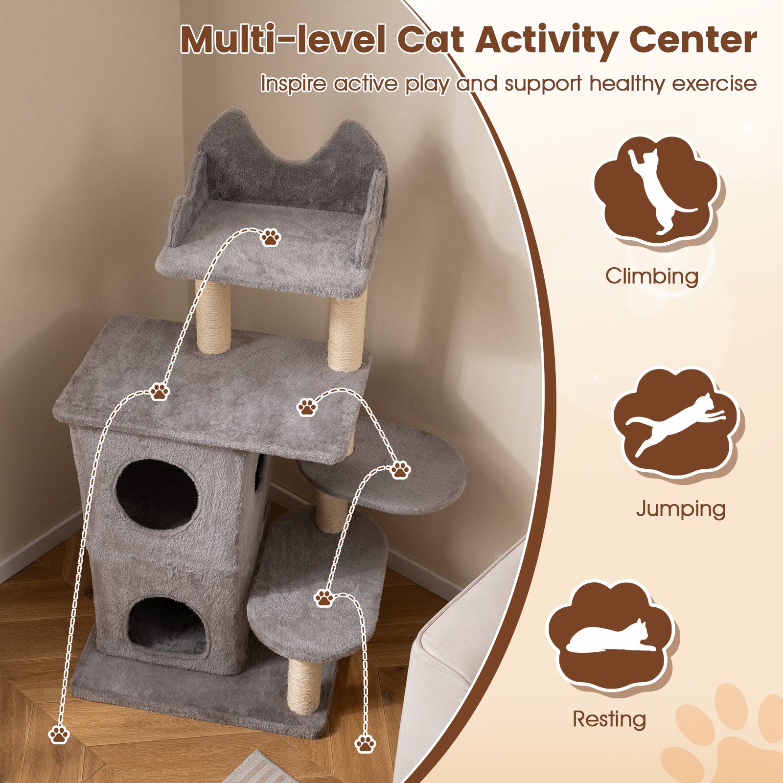 48.5 inch Cat Tree with 2-story Condo and 3 Hideaway Caves for Large Cats, Gray Cat Trees Condos & Scratchers at Gallery Canada