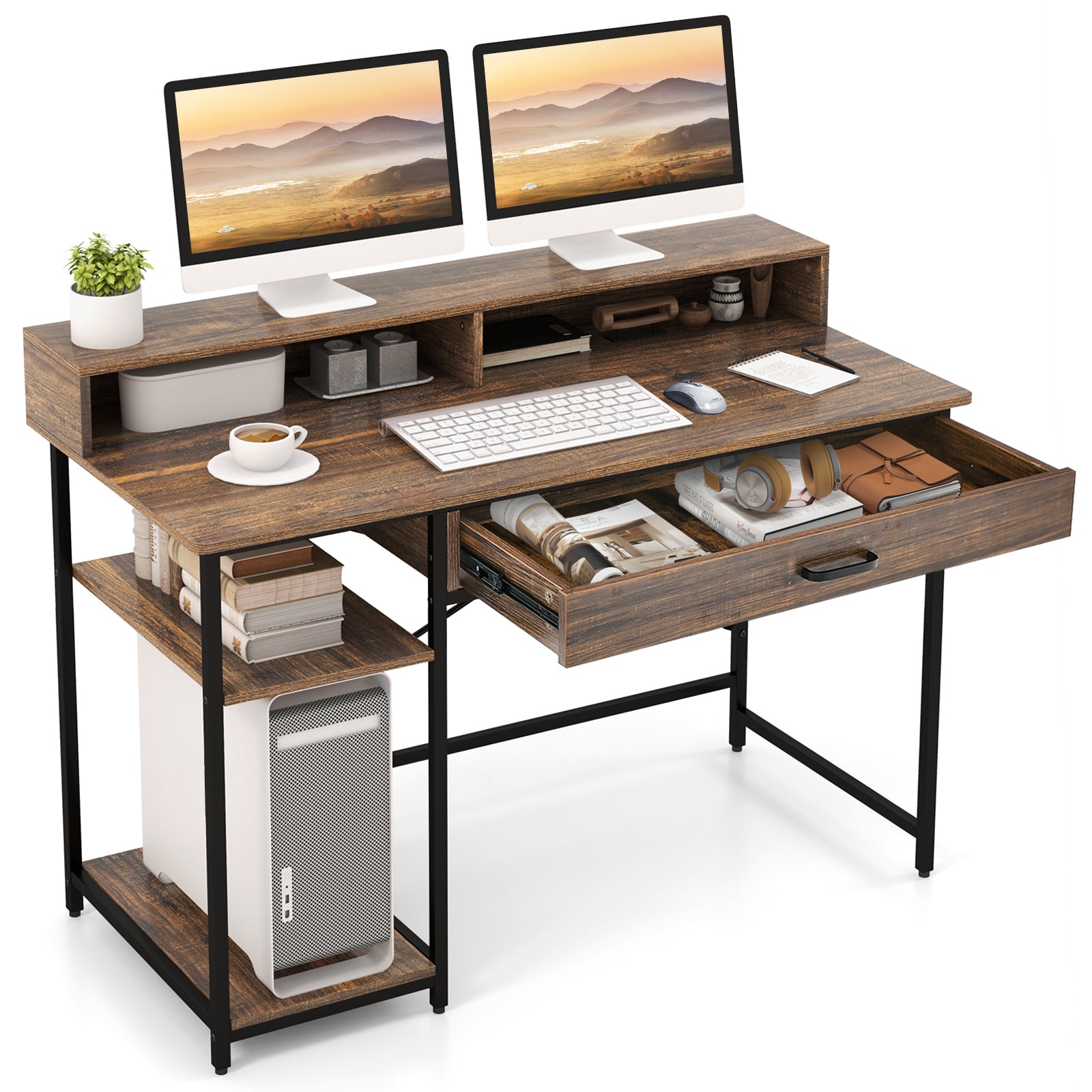 48 Inch Computer Desk With Monitor Stand, Drawer, Shelves, Rustic Brown Computer Desks Rustic Brown at Gallery Canada