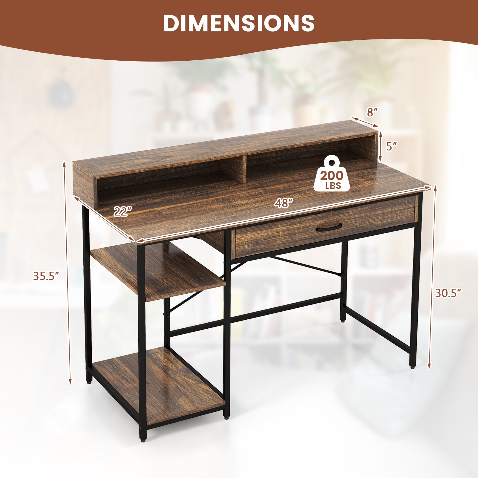 48 Inch Computer Desk With Monitor Stand, Drawer, Shelves, Rustic Brown Computer Desks at Gallery Canada