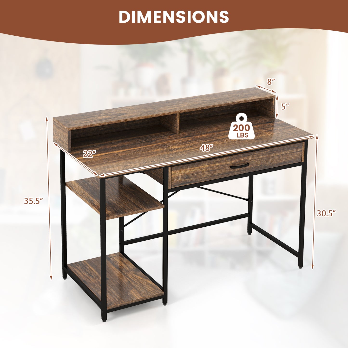48 Inch Computer Desk With Monitor Stand, Drawer, Shelves, Rustic Brown Computer Desks at Gallery Canada