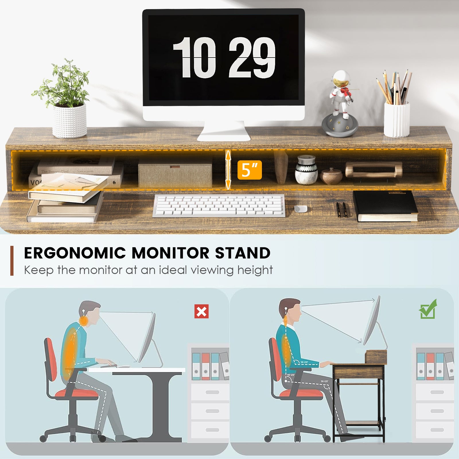 48 Inch Computer Desk With Monitor Stand, Drawer, Shelves, Rustic Brown Computer Desks at Gallery Canada
