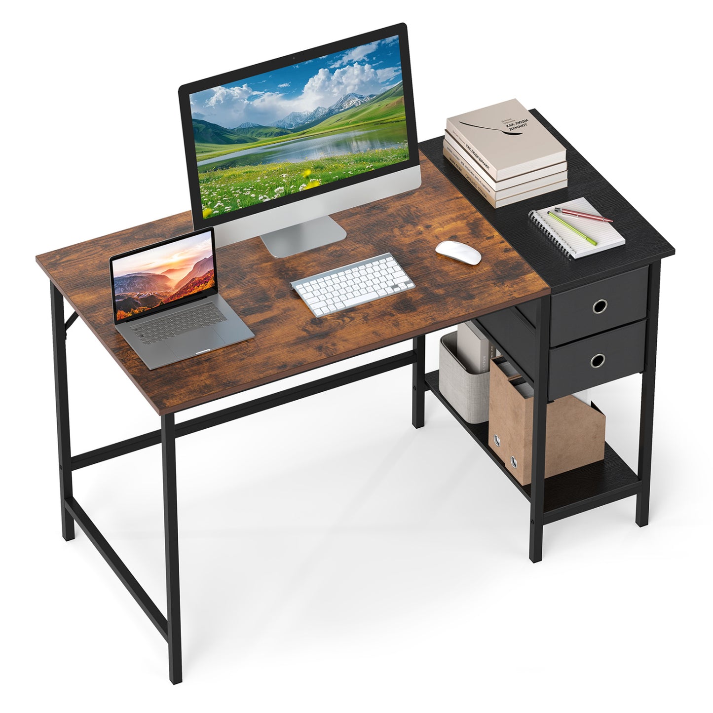 48 Inch Computer Desk with 2 Fabric Drawers Industrial Home Office Desk, Rustic Brown Computer Desks at Gallery Canada