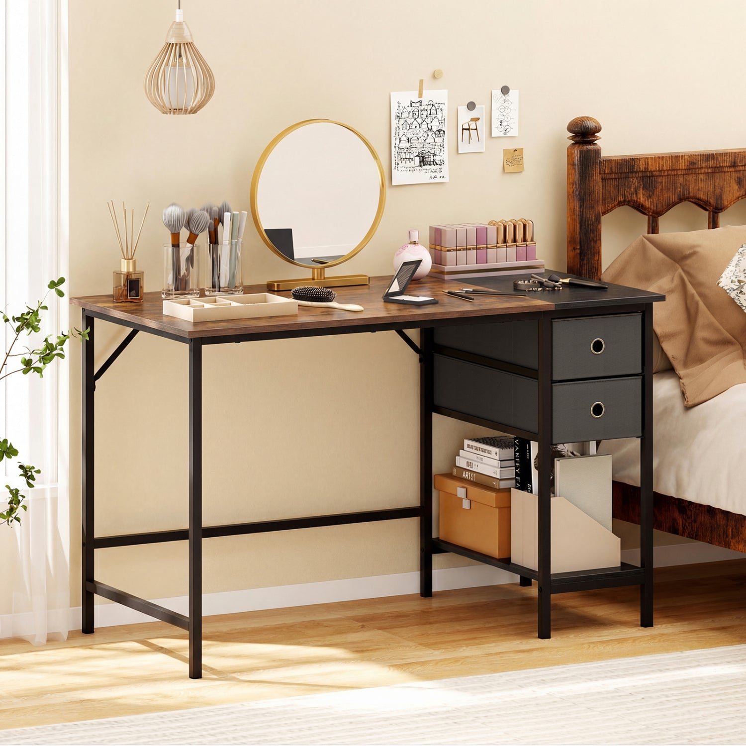 48 Inch Computer Desk with 2 Fabric Drawers Industrial Home Office Desk, Rustic Brown Computer Desks at Gallery Canada