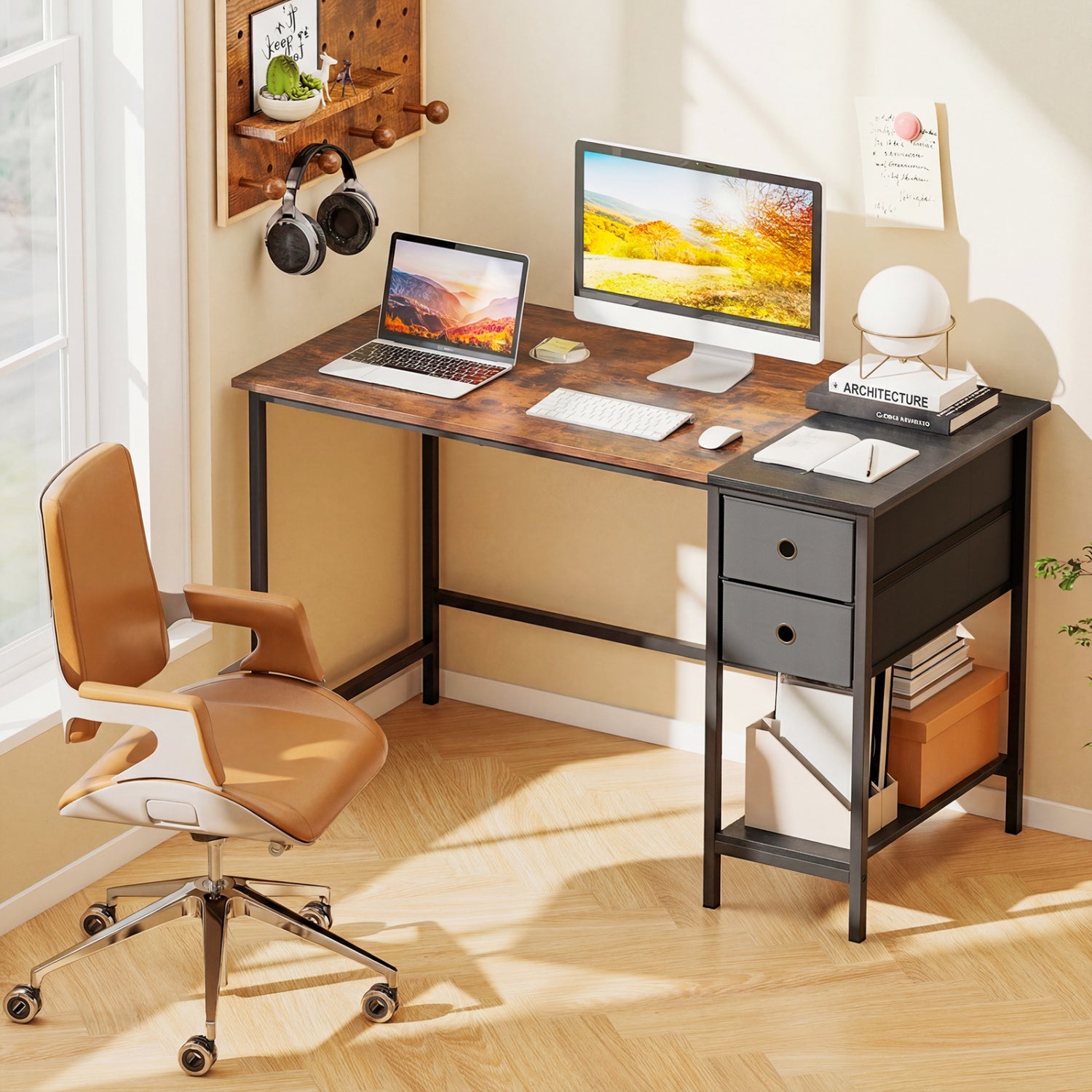 48 Inch Computer Desk with 2 Fabric Drawers Industrial Home Office Desk, Rustic Brown Computer Desks at Gallery Canada