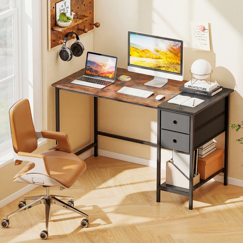48 Inch Computer Desk with 2 Fabric Drawers Industrial Home Office Desk, Rustic Brown
