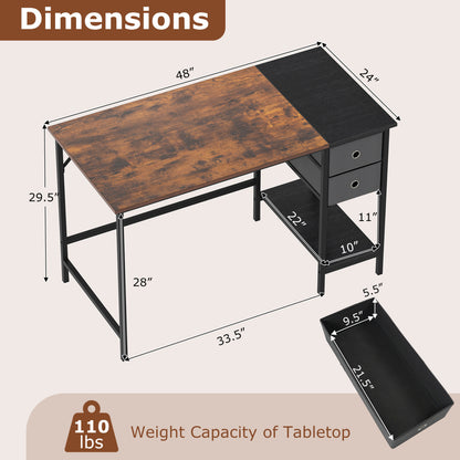 48 Inch Computer Desk with 2 Fabric Drawers Industrial Home Office Desk, Rustic Brown Computer Desks at Gallery Canada