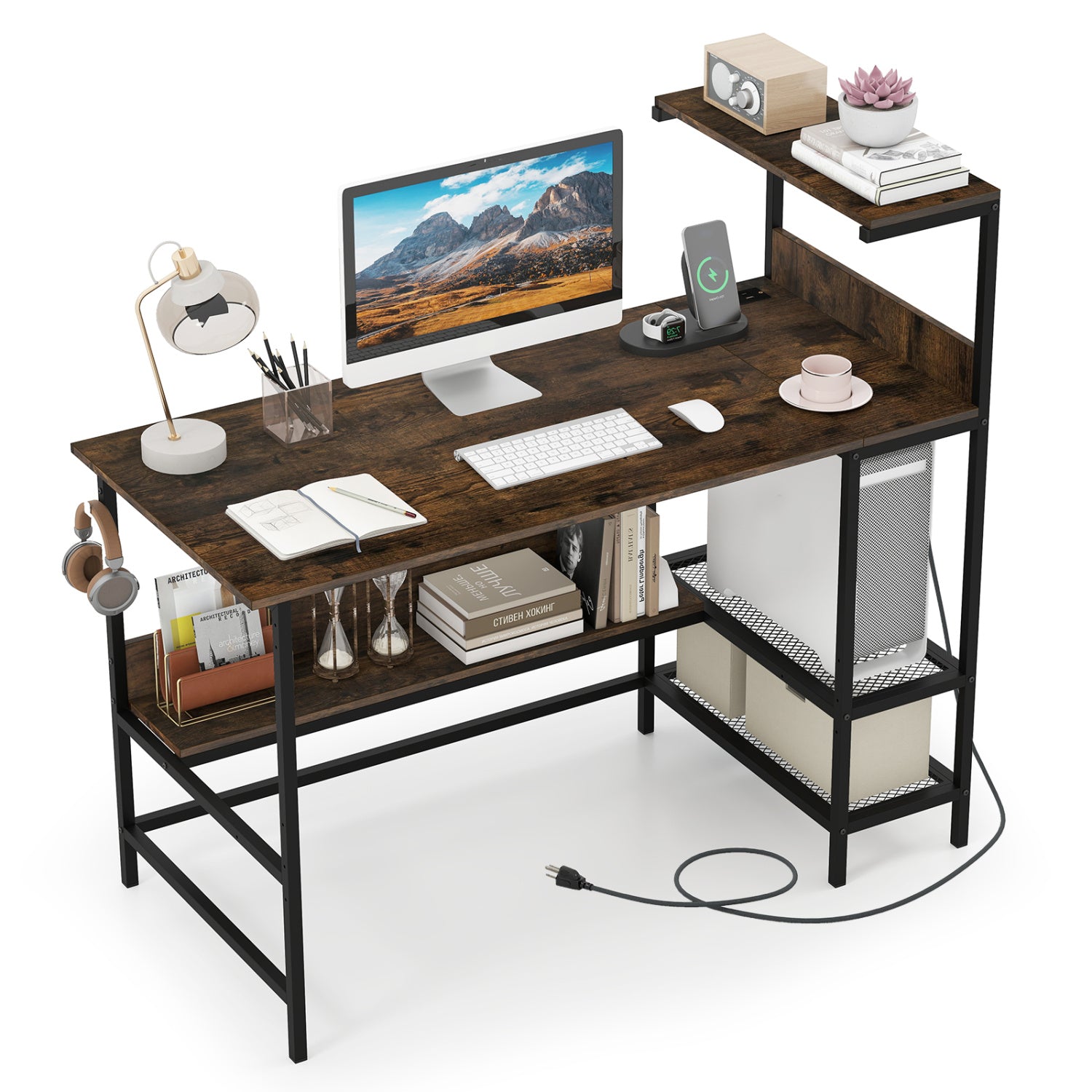 48 Inch Computer Desk, Power Outlets, Storage Shelves, Brown Computer Desks at Gallery Canada