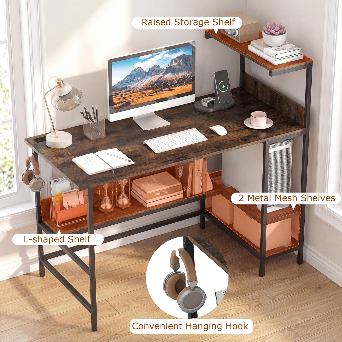 48 Inch Computer Desk, Power Outlets, Storage Shelves, Brown Computer Desks at Gallery Canada