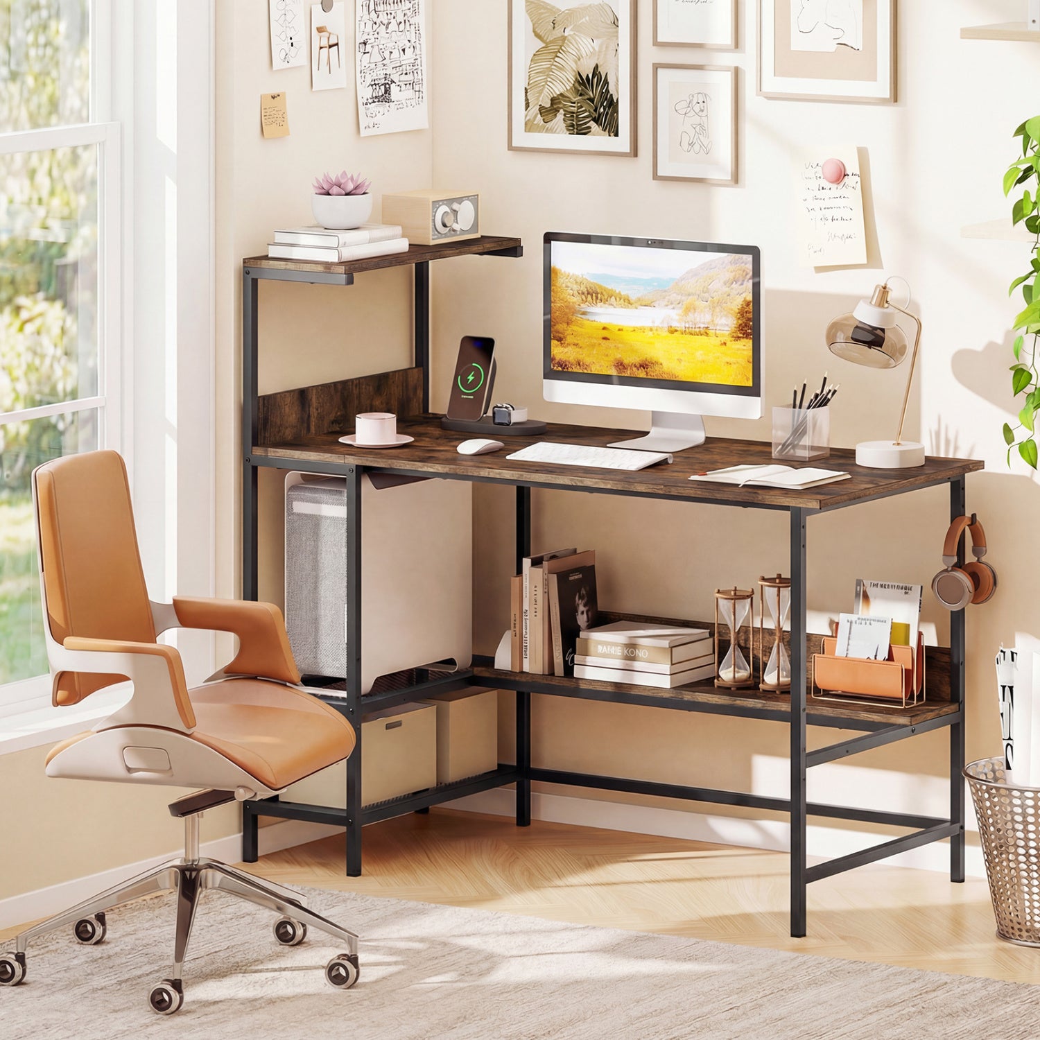 48 Inch Computer Desk, Power Outlets, Storage Shelves, Brown Computer Desks at Gallery Canada