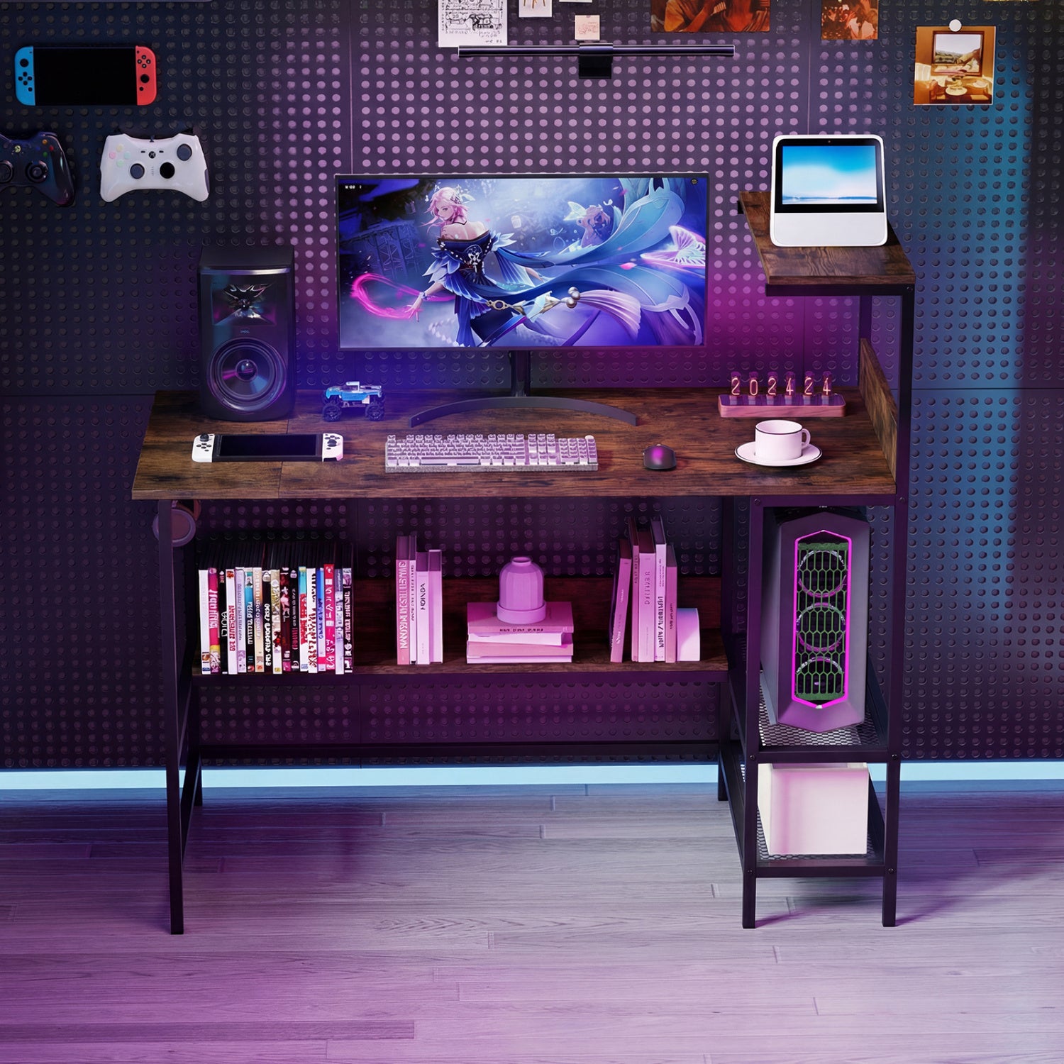 48 Inch Computer Desk, Power Outlets, Storage Shelves, Brown Computer Desks at Gallery Canada
