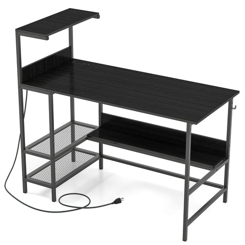 48 Inch Computer Desk With Power Outlets, Storage Shelves, Black