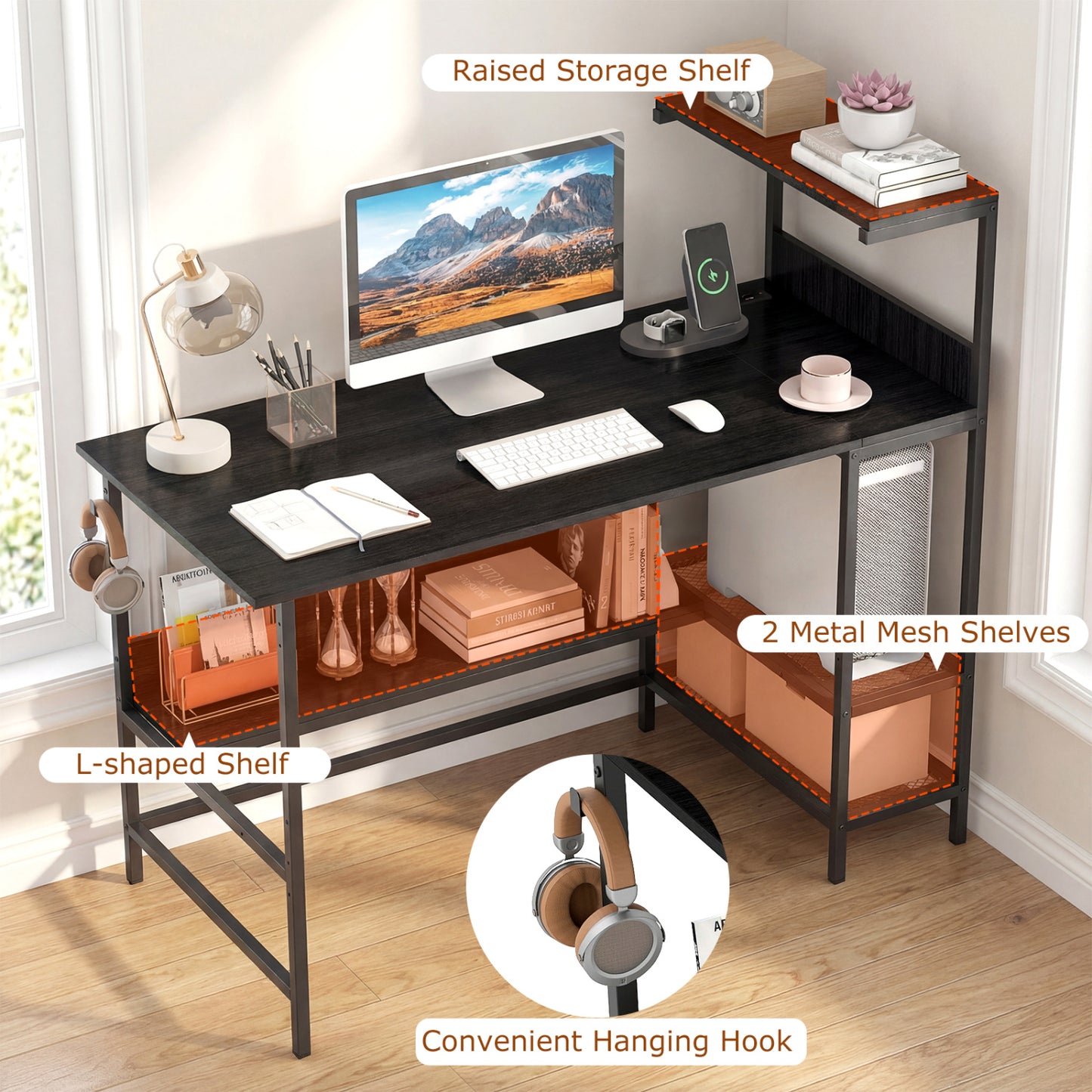 48 Inch Computer Desk With Power Outlets, Storage Shelves, Black Computer Desks at Gallery Canada