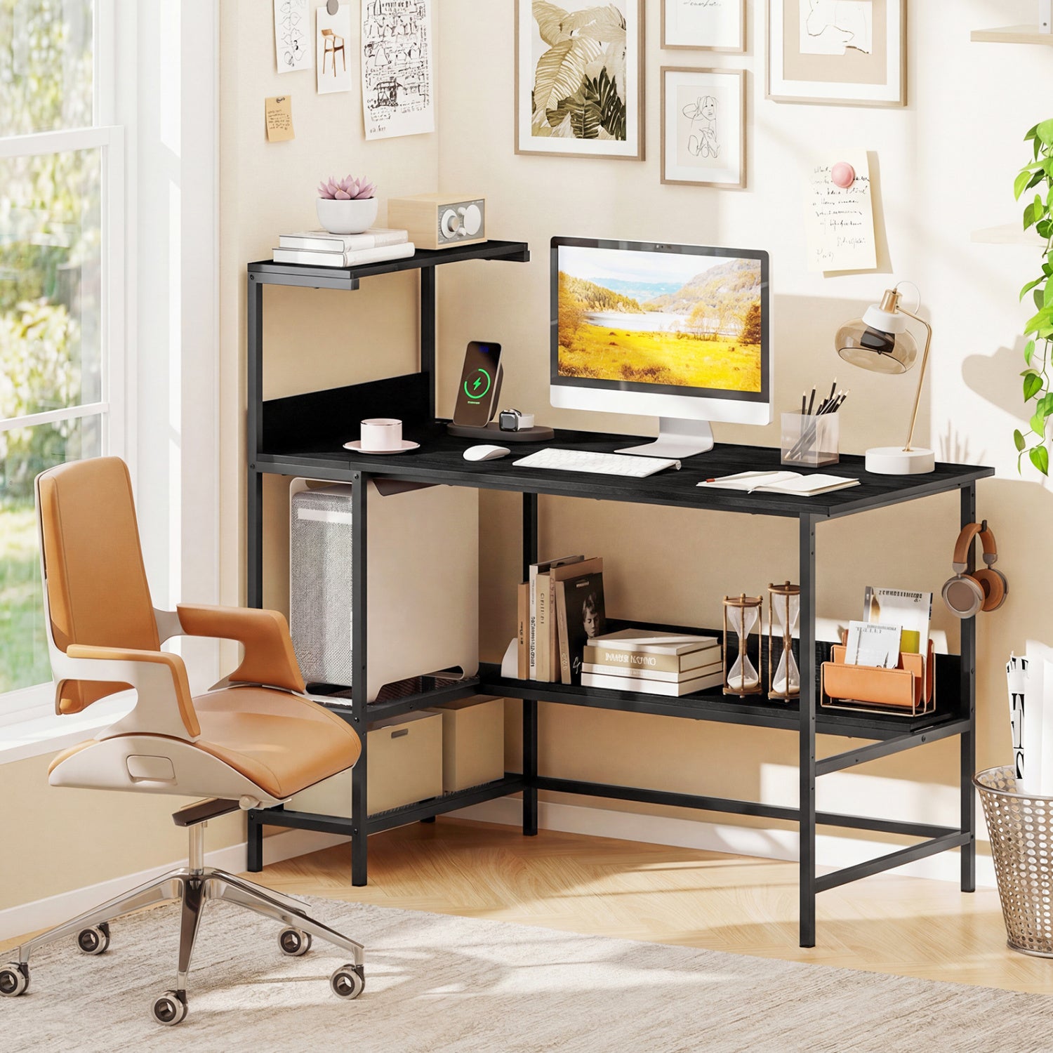 48 Inch Computer Desk With Power Outlets, Storage Shelves, Black Computer Desks at Gallery Canada