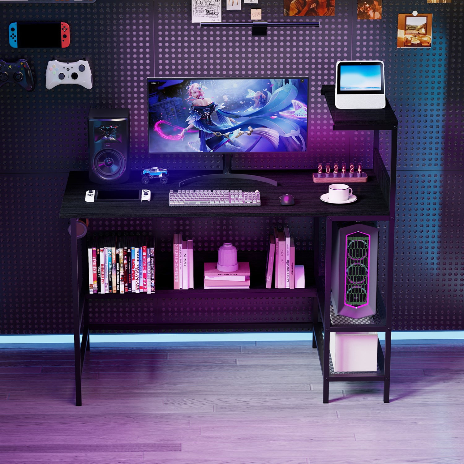 48 Inch Computer Desk With Power Outlets, Storage Shelves, Black Computer Desks at Gallery Canada