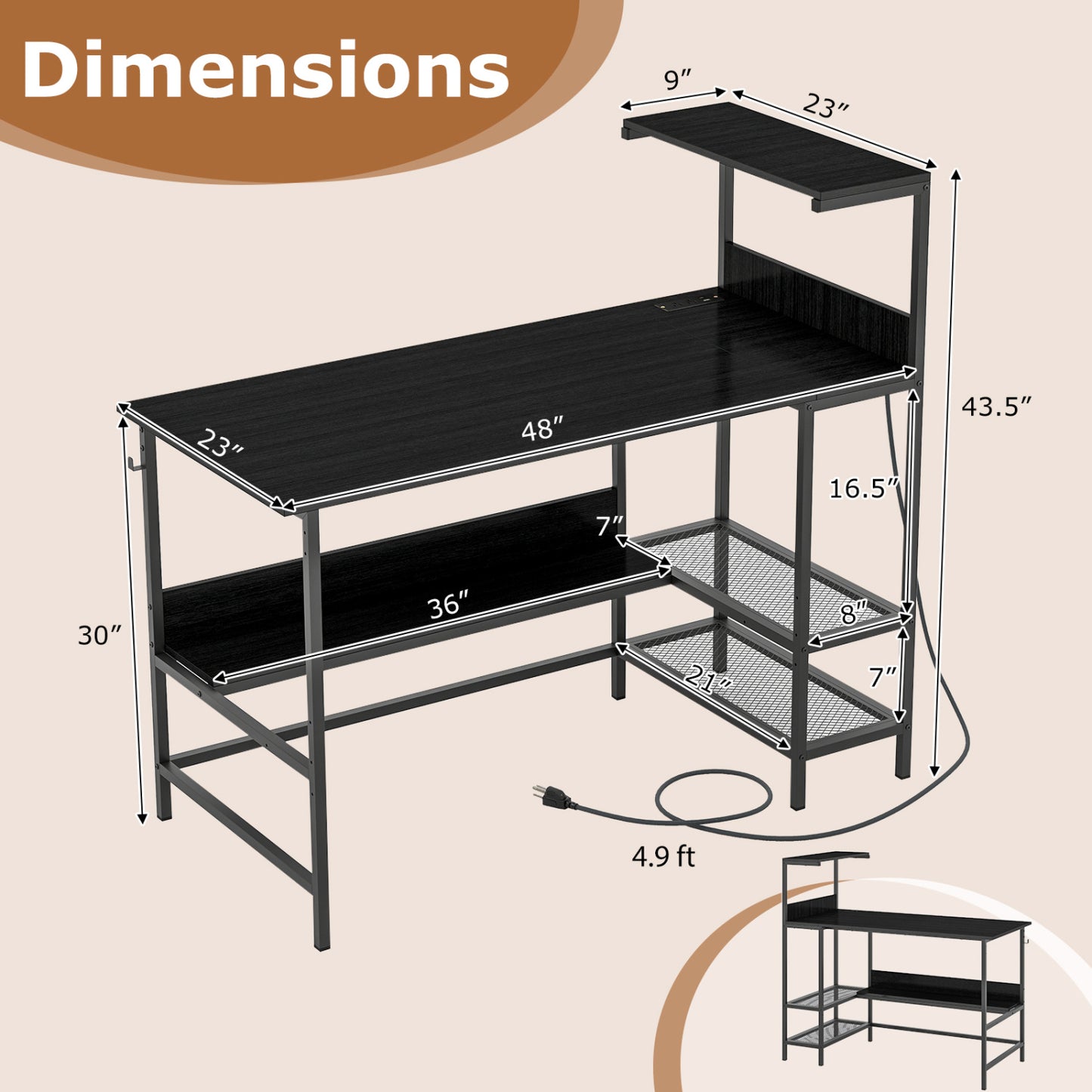 48 Inch Computer Desk With Power Outlets, Storage Shelves, Black Computer Desks at Gallery Canada