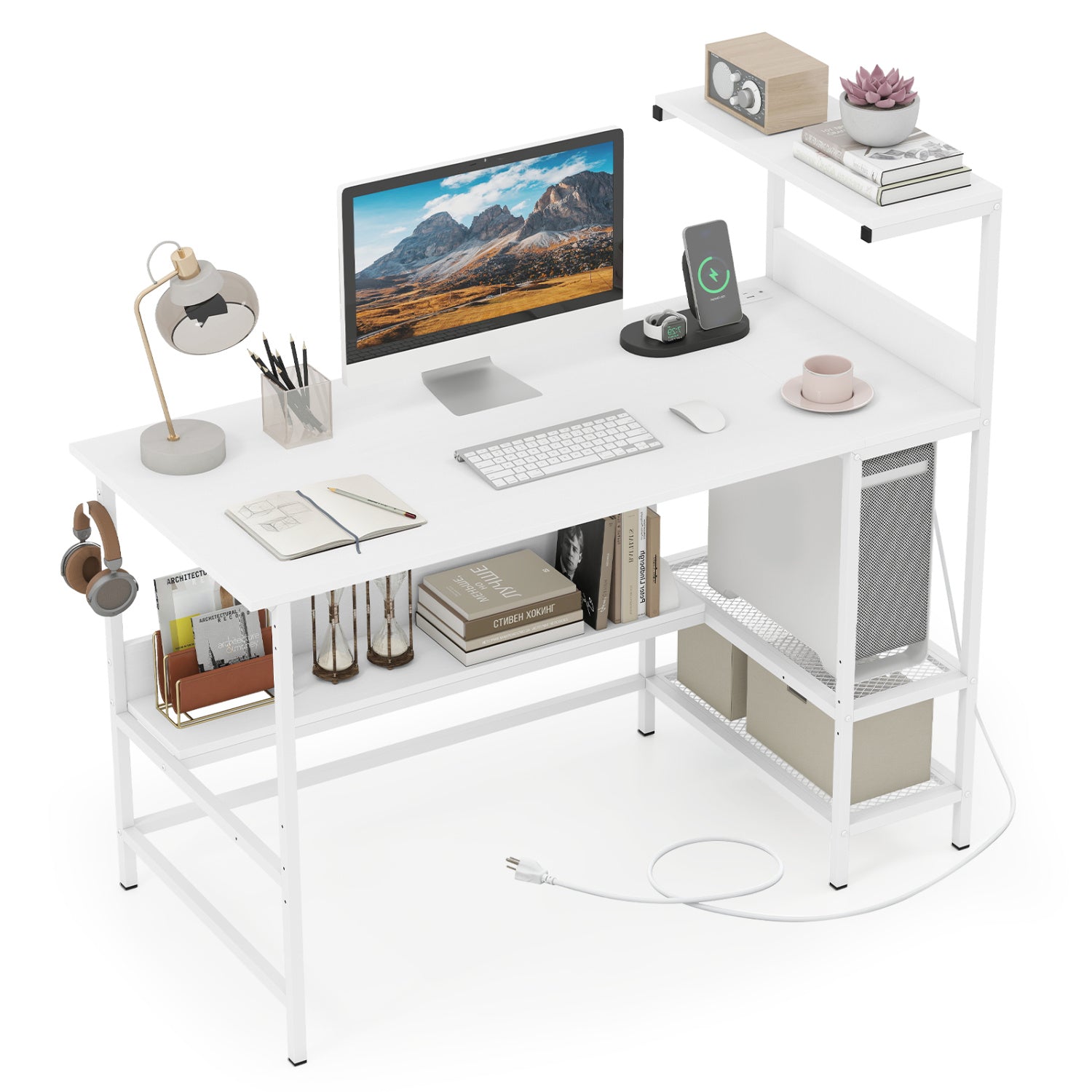 48 Inch Computer Desk With Power Outlets, Storage Shelves, White Computer Desks at Gallery Canada