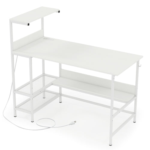 48 Inch Computer Desk With Power Outlets, Storage Shelves, White