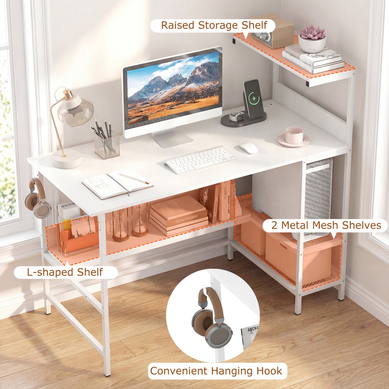 48 Inch Computer Desk With Power Outlets, Storage Shelves, White Computer Desks at Gallery Canada